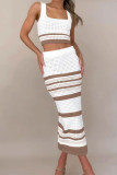 Rose Red Sexy Striped Hollowed Out Weave Square Collar Sleeveless Two Pieces