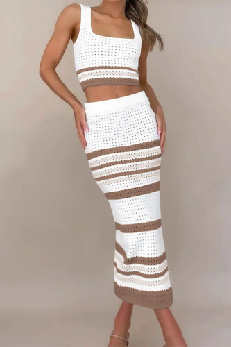 Khaki Sexy Striped Hollowed Out Weave Square Collar Sleeveless Two Pieces