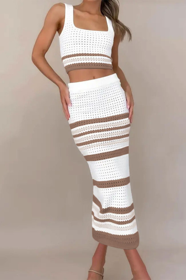 Khaki Sexy Striped Hollowed Out Weave Square Collar Sleeveless Two Pieces