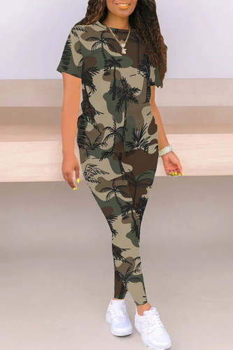 Camouflage Casual Camouflage Print Contrast O Neck Short Sleeve Two Pieces