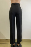 Black Casual Solid Color Pocket Zipper Patchwork Loose High Waist Wide Leg Patchwork Bottoms