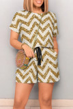 Golden Yellow Casual Ripple Print Draw String Pocket O Neck Loose Rompers