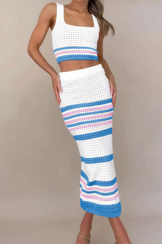 Blue Sexy Striped Hollowed Out Weave Square Collar Sleeveless Two Pieces