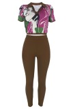 Coffee Casual Print Patchwork V Neck Short Sleeve Two Pieces
