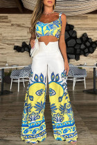 White Yellow Celebrities Print Hollow Out Backless Patchwork Square Neck Loose Jumpsuits