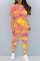 Pink Yellow Casual Print Patchwork O Neck Short Sleeve Two Pieces
