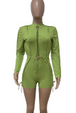 Green Sexy Solid Hollowed Out Patchwork Frenulum Half A Turtleneck Skinny Rompers