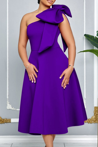 Purple Celebrities Solid Color Bow Decor Patchwork Oblique Collar A Line Dresses
