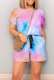 Multicolor Casual Print Draw String Pocket Patchwork O Neck Loose Rompers