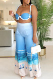 Blue Sexy Gradient Print Backless Patchwork Spaghetti Strap Sleeveless Two Pieces