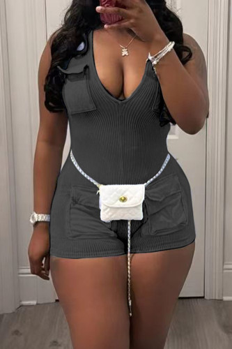 Black Sexy Solid Color Pocket Patchwork V Neck Skinny Rompers