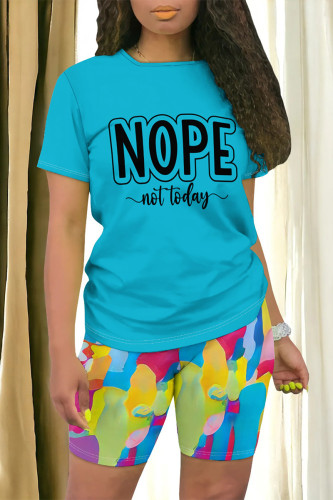 Blue Casual Gradient Print Letter Print Contrast O Neck Short Sleeve Two Pieces