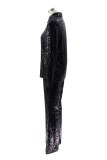 Black Casual Solid Color Sequins Patchwork Turndown Collar Long Sleeve Two Pieces