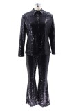 Black Casual Solid Color Sequins Patchwork Turndown Collar Long Sleeve Two Pieces