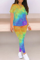 Yellow And Blue Casual Print Patchwork O Neck Short Sleeve Two Pieces