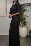 Red Casual Solid Color Pocket Slit Turndown Collar Half Sleeve Two Pieces