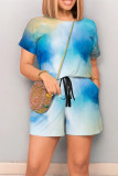 Colorful Blue Casual Print Draw String Pocket Patchwork O Neck Loose Rompers