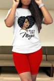 Orange Casual Figure Print Letter Print O Neck Short Sleeve Two Pieces