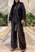 Black Casual Solid Color Sequins Patchwork Turndown Collar Long Sleeve Two Pieces