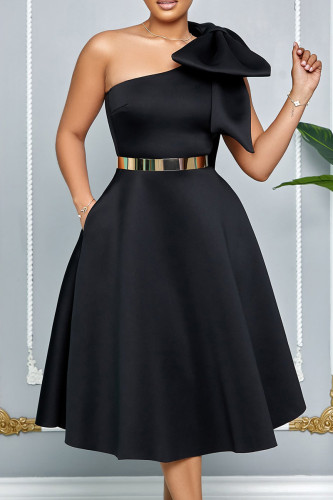 Black Celebrities Solid Color Bow Decor Patchwork Oblique Collar A Line Dresses