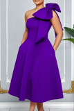 White Celebrities Solid Color Bow Decor Patchwork Oblique Collar A Line Dresses