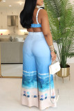 Blue Sexy Gradient Print Backless Patchwork Spaghetti Strap Sleeveless Two Pieces