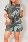 Green Casual Street Camouflage Print Draw String Pocket O Neck Loose Rompers