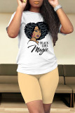 Orange Casual Figure Print Letter Print O Neck Short Sleeve Two Pieces