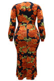 Red Celebrities Print Patchwork High Slit Zipper Deep V Neck Wrapped Skirt Plus Size Dresses