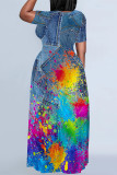 Gray Blue Casual Street Gradient Faux Denim Print Contrast O Neck Printed Dresses