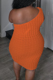 Blue Sexy Solid Color Backless Patchwork Oblique Collar Wrapped Skirt Plus Size Dresses