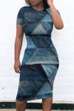 Blue Casual Street Faux Denim Print Contrast O Neck Printed Short Sleeve Dress