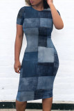 Gray Blue Casual Street Faux Denim Print Contrast O Neck Printed Short Sleeve Dress