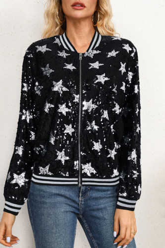 Black Silver Street Sequins Patchwork Zipper Zipper Collar Outerwear