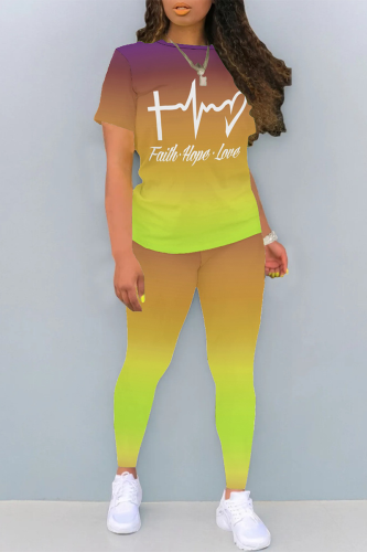 Green Yellow Casual Daily Gradient Print Letter Print Contrast O Neck Short Sleeve Two Pieces