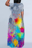 Navy Casual Street Gradient Faux Denim Print Contrast O Neck Printed Dresses