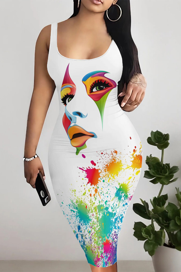 White Casual Graffiti Print Contrast U Neck Printed Dresses