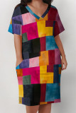 Colour Casual Daily Colorblock Print Pocket Contrast V Neck Printed Plus Size Dresses