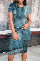 Colorful Blue Casual Street Faux Denim Print Contrast O Neck Printed Short Sleeve Dress