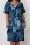 Blue Casual Daily Colorblock Print Pocket Contrast V Neck Printed Plus Size Dresses