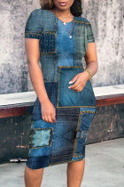 Royal Blue Casual Street Faux Denim Print Contrast O Neck Printed Short Sleeve Dress