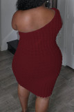 Blue Sexy Solid Color Backless Patchwork Oblique Collar Wrapped Skirt Plus Size Dresses