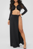 Black Sexy Solid Color High Slit Patchwork Off Shoulder Long Sleeve Two Pieces