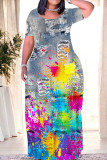 Gray Blue Casual Street Gradient Faux Denim Print Contrast O Neck Printed Dresses