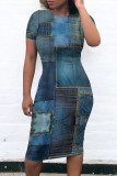 Colorful Blue Casual Street Faux Denim Print Contrast O Neck Printed Short Sleeve Dress