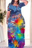 Royal Blue Casual Street Gradient Faux Denim Print Contrast O Neck Printed Dresses