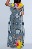 Royal Blue Casual Street Gradient Faux Denim Print Contrast O Neck Printed Dresses