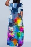 Colorful Blue Casual Street Gradient Faux Denim Print Contrast O Neck Printed Dresses