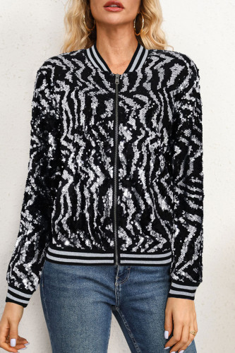 Black Silver Street Sequins Patchwork Zipper Zipper Collar Outerwear