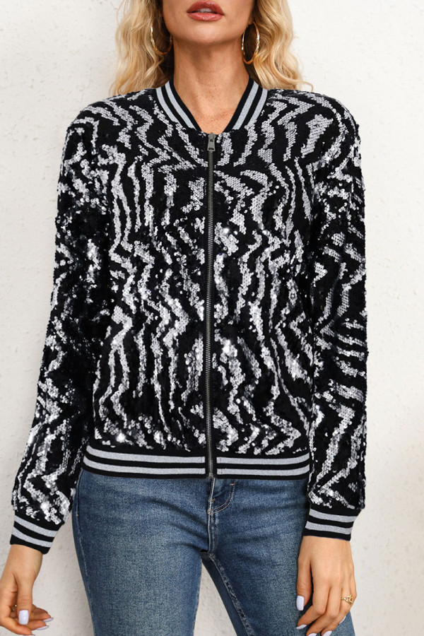 Black Silver Street Sequins Patchwork Zipper Zipper Collar Outerwear